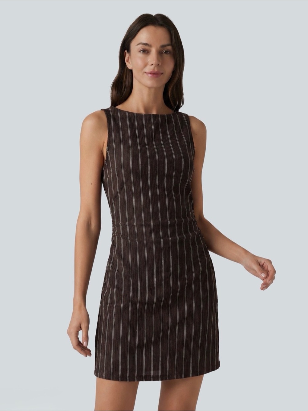 Boat Neck Sleeveless Striped Mini Dress with Pockets